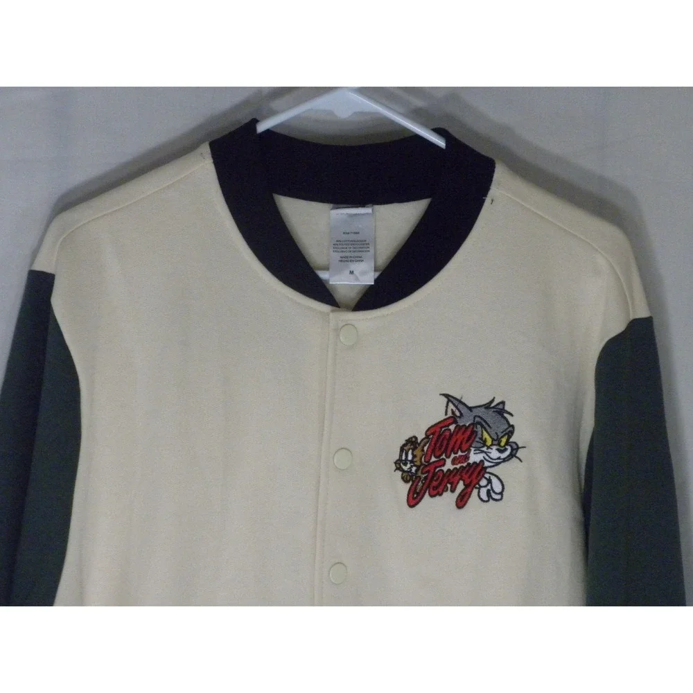 Tom and Jerry Jacket Mens M Beige Gray Snap Varsity Applique Cartoon Cat Mouse‎